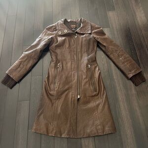 Danier Brown Leather Trench Coat with Knit Cuffs